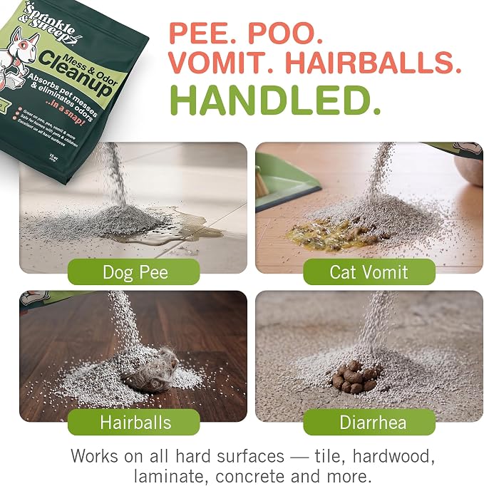 Sprinkle & Sweep: Pet Mess & Odor Cleanup Bundle - 15oz Bag, Dustpan Broom, 24oz Enzyme Stain Spray - Dog Accident Clumping Powder & Spot Treatment
