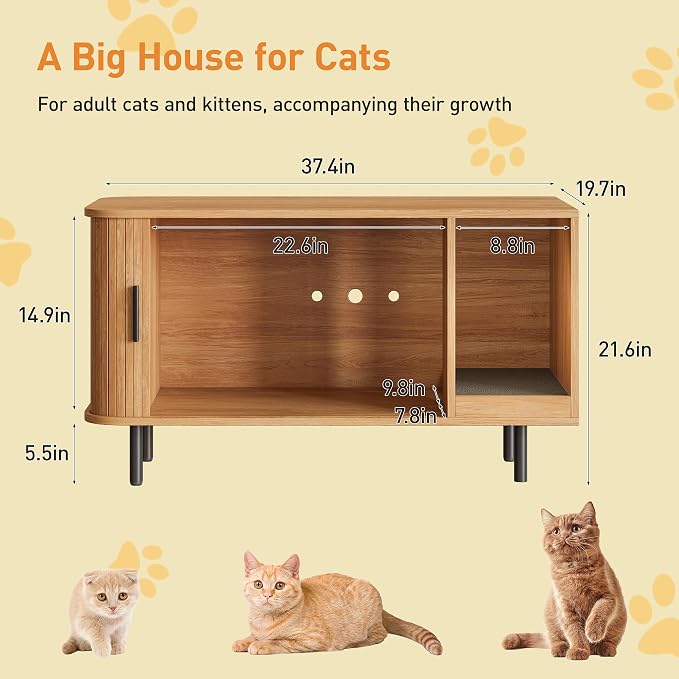 Halitaa 37.4" Cat Litter Box Enclosure with Scratch Pad, Sliding Door | Litter Box Enclosure Furniture Hidden Litter Box, Modern Indoor Cat House, TV Stand, Side End Table for Living Room, Natural
