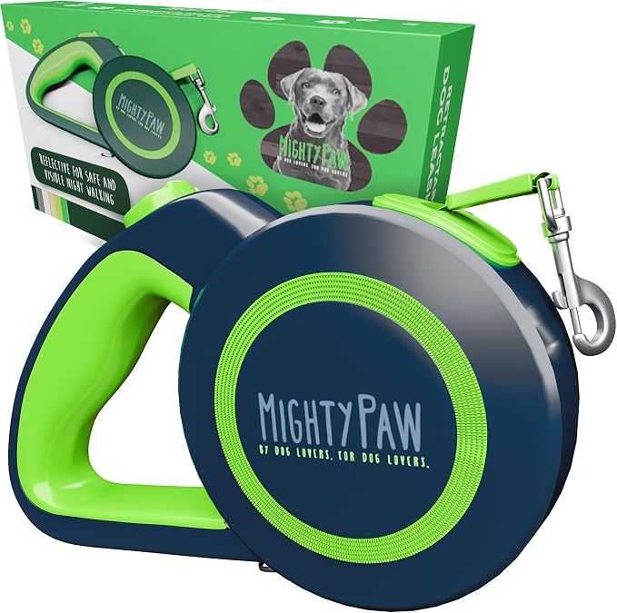 Mighty Paw Retractable Dog Leash, Heavy Duty for Small, Medium & Large Dogs | Anti-Slip Handle, Reflective Nylon Tape, Tangle-Free Swivel Clip, Auto-Locking Button, U-Shaped Guide