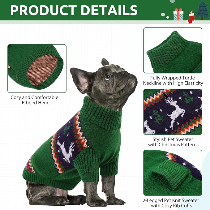 Queenmore Dog Christmas Sweater,Turtleneck Knitted Pullover Xmas Pet Clothes Sweatshirt,Christmas Outfit, Warm Dog Sweaters for Small Dogs Boy Girl,XmasDeer,M