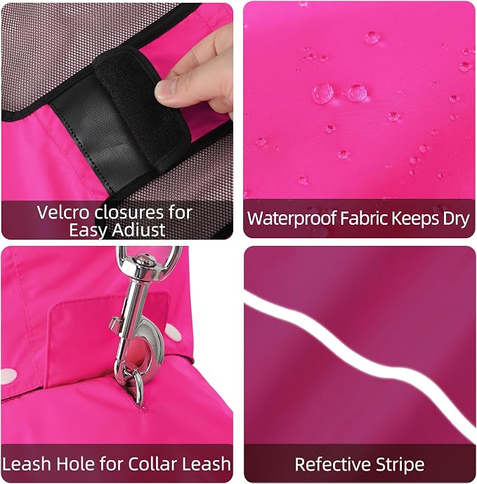 Mile High Life Dog Raincoat, Adjustable Waterproof Pet Rain Jacket, Reflective Hooded Poncho for Small Medium Large Dogs, Lightweight Breathable Pet Rain Coat (Hot Pink,L Chest 26"-33")