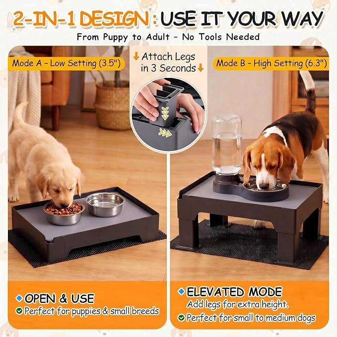 Elevated Dog Bowl Stand and Waterproof Non Slip Mat,1 Set,No Absorbent Pad | Reduce Neck, Joint and Spinal Strain, Sturdy Legs, Easy Clean Silicone Pet Food Mat, For Small & Medium Dogs, Cats