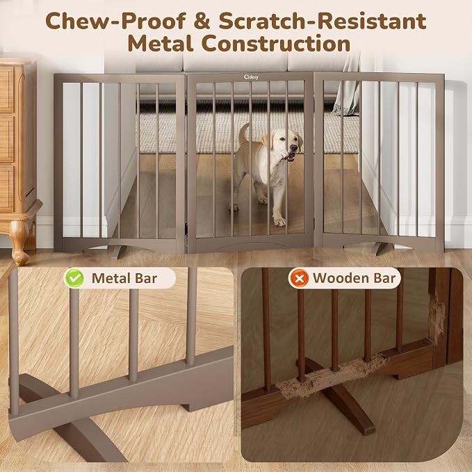 Free Standing Dog Gate Indoor, Foldable Dog Gate for Doorways Stairs | 3-Panel Freestanding Pet Gate with Support Feet for Stability, Folding Puppy Gate Easy to Move, Doggy Gate 54"x24", Brown