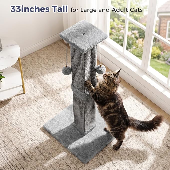 Tall Cat Scratching Post 33” Heavy Duty Sisal Scratcher Post | Modern Cat Scratching Post with Heavy Duty Base for Sturdy, Large 33" Vertical Sisal Rope Post & 2 Cat Toy Balls for Cat-Gray