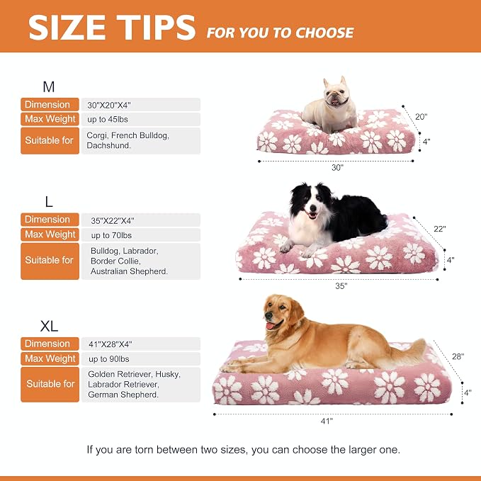 Cute Fluffy Dog Beds for Extra Large Dogs, 41"x 28", Pink Flower | Thick Dog Bed for Crate Kennel, Pet Bed with Removable Washable Cover, Anti-Slip Bottom