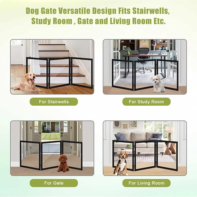 LZRS Clear Dog Gate for Indoor Use - Transparent Pet Fence with Solid Hardwood and Plastic Board, Stylish & Durable freestanding Pet Gate for Doorways, Stairs and Hallways-3 Panel Black
