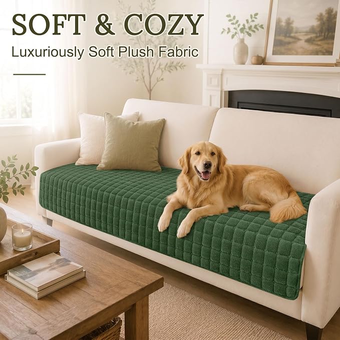 Smiry Velvet Couch Cover for Dogs, Non Slip Soft Sofa Protector for Pets | Washable Sofa Cover for Cats, Cozy Furniture Protector Against Pet Hair, Scratches, Fits Sectional Sofa(Dark Green, 36"x71")