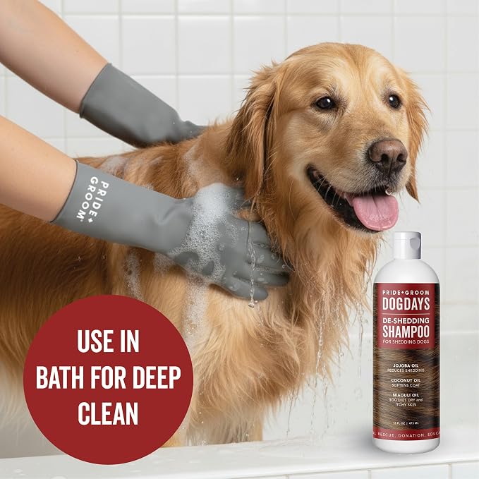 Pride and Groom DogDays De-Shedding The Scrub Kit - Natural Dog Shampoo with Silicone Scrubber Gloves for Detangling, Shedding Control, Coat Massage, Clean Ingredients, and Gentle Pet Grooming Care