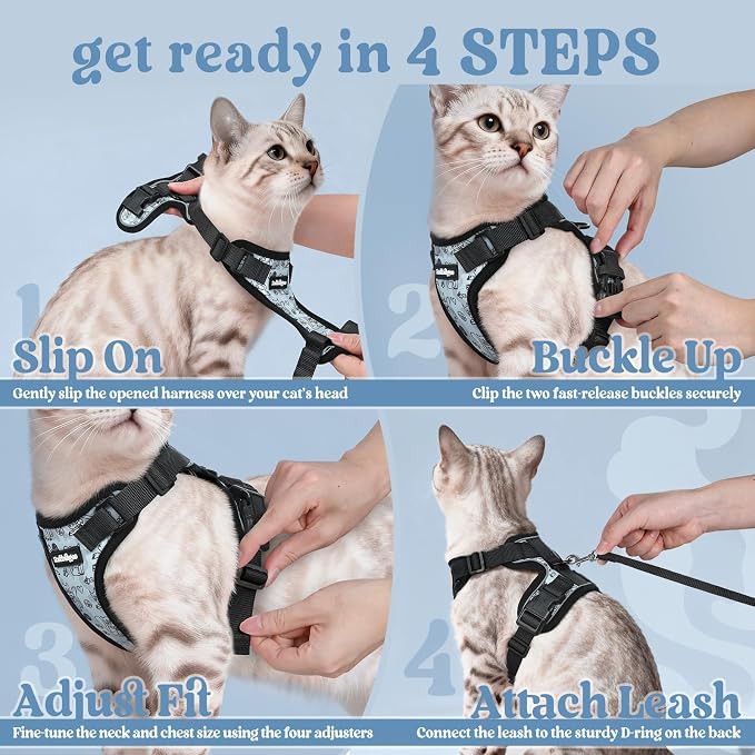 rabbitgoo Cat Harness and Leash Set, Escape Proof Vest, Doodle Gray | Soft Breathable Mesh, Easy Adjustable Fit, Snap Buckles, Sturdy Clip, Reflective Strips, for Average Cats Walks, S