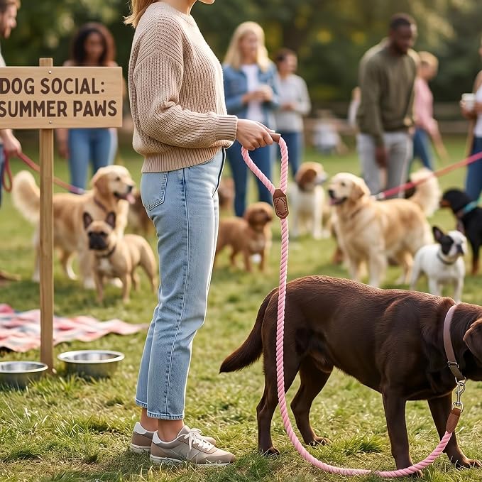 Mile High Life Dog Leash Braided Cotton Rope w/Leather-Wrapped Ends/Handle | Rust-proof 360° swivel clasp, Heavy-duty for medium/large breeds. Great for weddings, daily walks (5 FT, 1/2", Pink)