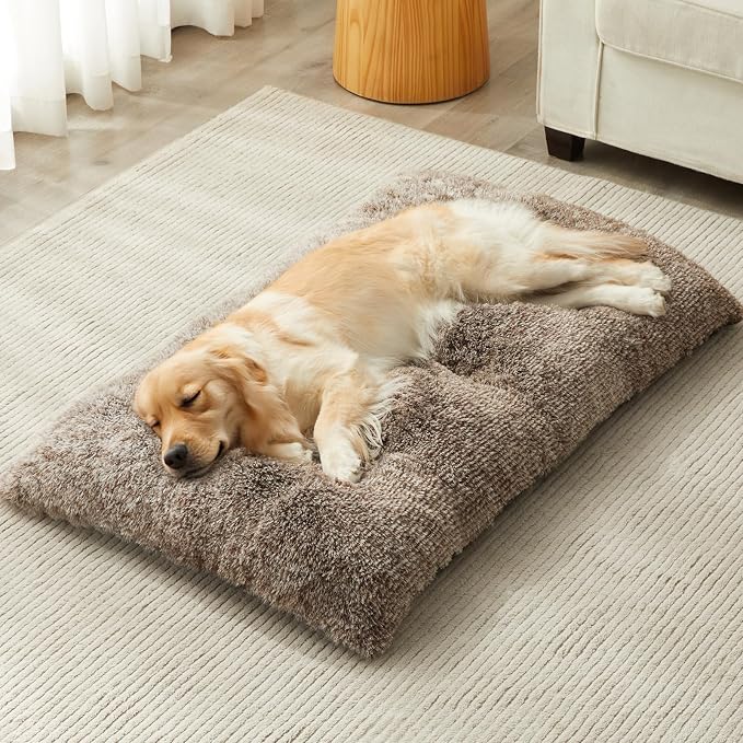 BFPETHOME Dog Beds for Large Dogs, Plush Dog Crate Bed Fluffy Cozy Kennel Pad for Sleeping &Ease Anxiety, Washable Pet Mats with Anti-Slip Bottom for Large Dogs, Khaki