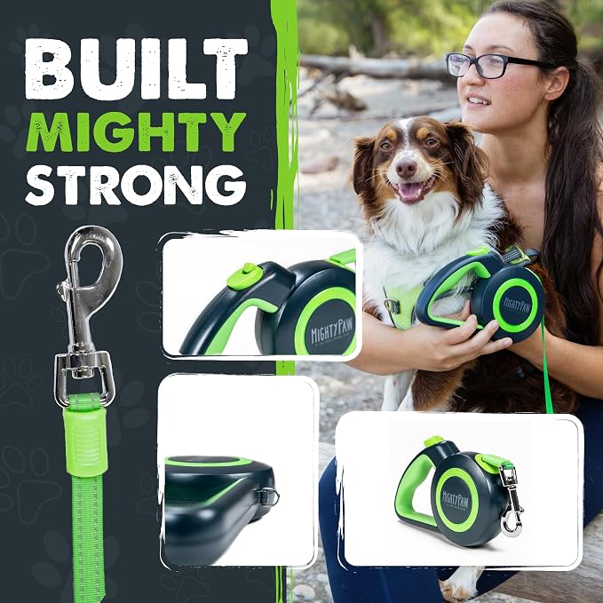 Mighty Paw Retractable Dog Leash 2.0, 16 Ft, for Medium Dogs, Heavy Duty | Reflective Nylon Tape, Tangle-Free Swivel Clip, One-Touch Quick-Lock Brake, Reflective Ring, Anti-Slip Handle