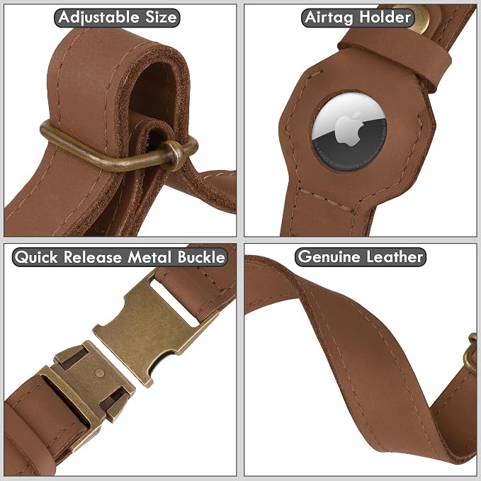AirTag Dog Collar - Genuine Leather Dog Collar with Apple AirTag Holder and Metal Buckle - Smart GPS Tracking Pet Collars (Tawny, XS, 9"-12" Neck Fit)