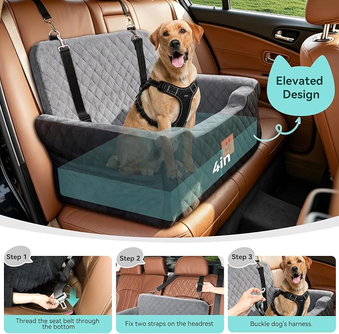 XIEEAOZEE Dog Car Seat for Large/Medium Dogs Up to 55 lbs, Soft Fabric Car Dog Bed Filling Memory Foam, Removable and Washable Pet Booster Carseat with 2 Safety Leashes, Thick Cushion (Black/Gray)