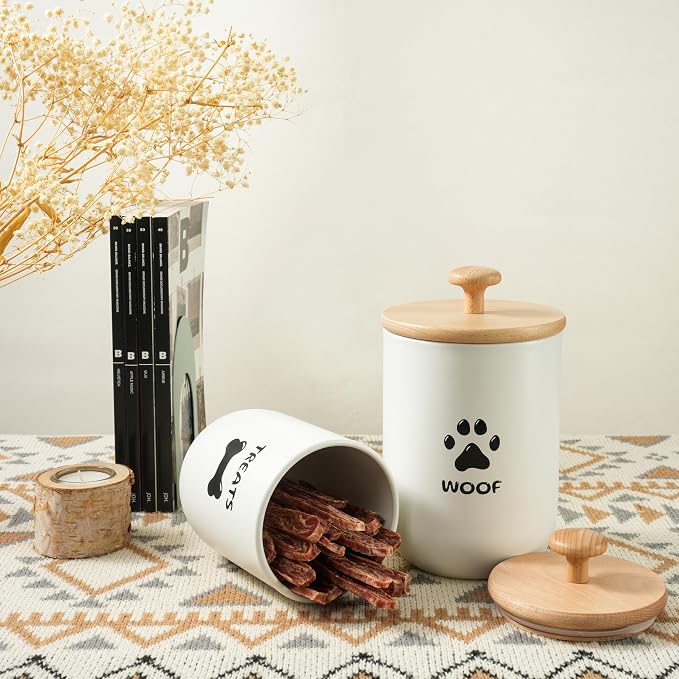 Dog Treat Container Set of 2, Dog treat jar with Airtight Lid, Small dog food container, Dog Cookie Jar for kitchen Counter, Treats Canister, Pet Treat Container 8.3x4.9 & 7.1x4.3 (White)
