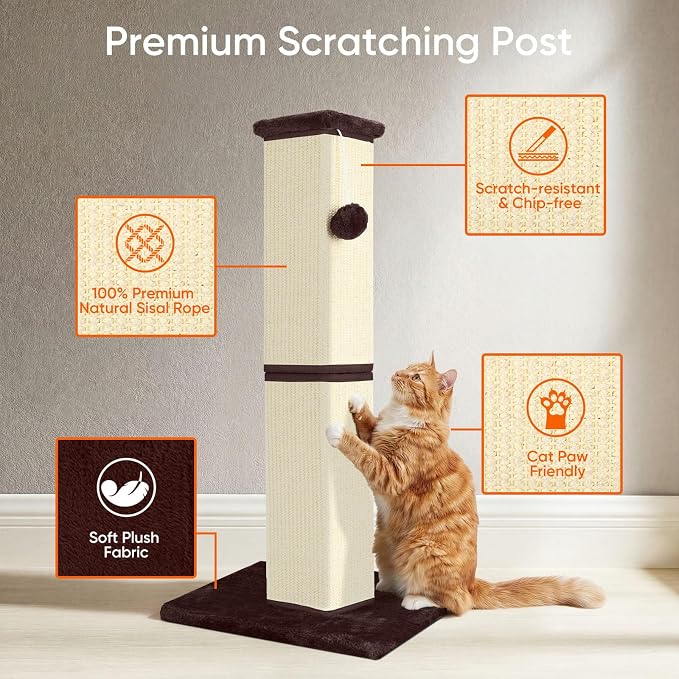Cat Scratching Post for Indoor Cat, 32 Inch Large Cat Scratcher | Sisal Cat Scratcher with Sturdy Base for Cat Adults, Cat Scratch Post with Vertical Stretch Space, Beige