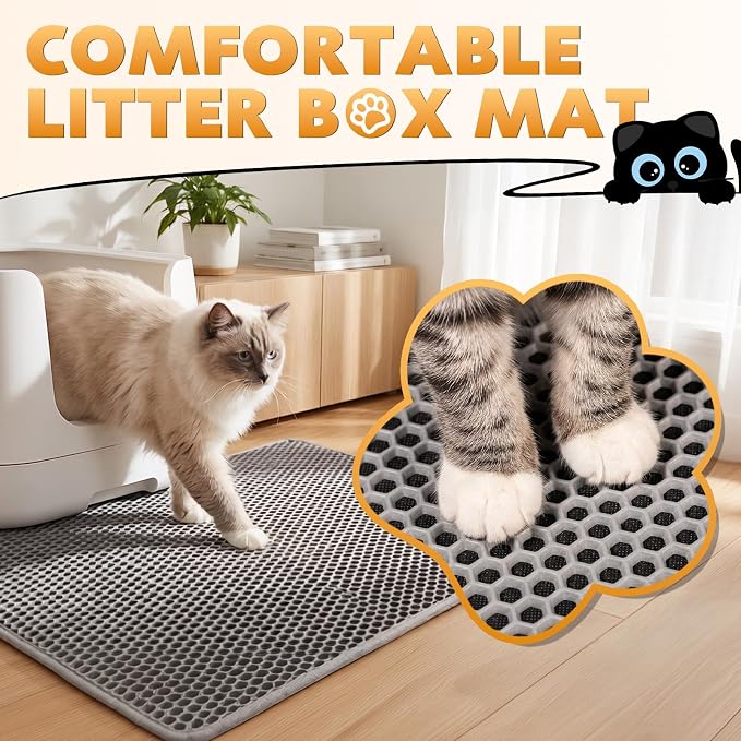 Cat Litter Mat 46"x26", Double Layer Waterproof Litterbox Mat, Gray | Non-slip backing, washable for easy cleanup, traps stray litter with waterproof honeycomb large grid that is urine-proof.