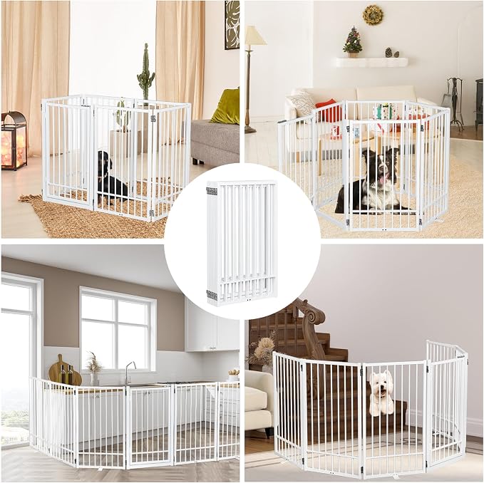 Metal Freestanding Dog Gate with Door, Extra Wide 121", 31" Height Foldable for Doorways, Tall Fence Indoor Pet Barrier for Stairs Hallways, 6 Panels, White