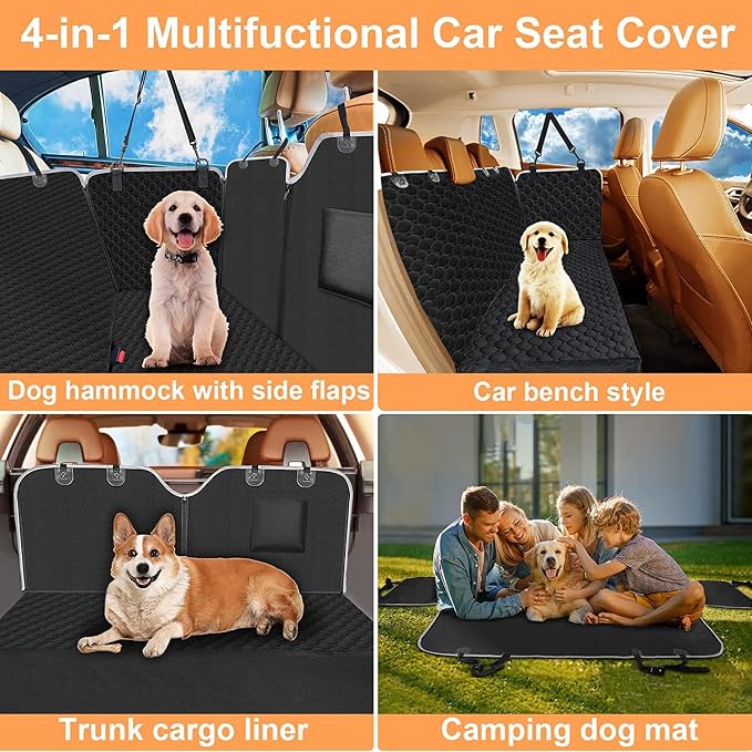 Mancro Dog Car Seat Cover, Waterproof Dog Hammock for Car, Black All | 600D Heavy Duty, Scratch-Resistant Back Seat Pet Cover for Dogs with PVE Nonslip Underside, Fits for Sedan, Trucks and SUVs