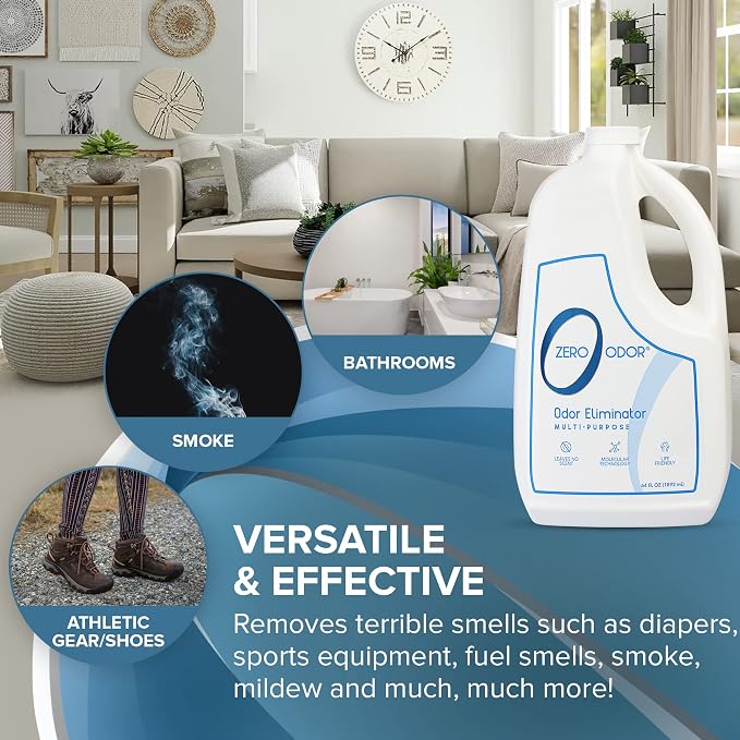 Zero Odor Multi-Purpose Odor Eliminator, Fabric & Room Deodorizer, 2-Pack | Refill Bottle, Odor Eliminator for Hotel, Bathroom, Basement, Trash & Upholstery - Sprayer not Included, 64 OZ Each