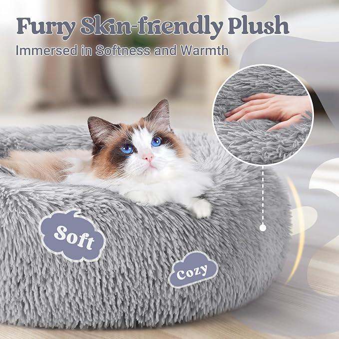 rabbitgoo Calming Cat Beds for Indoor Cats, 20 inches, Light Grey | Soft Warm Donut, Fluffy Faux Fur, Supportive Raised Rim, Anti-slip, Machine Washable, Up to 15lbs Kittens & Small Cats