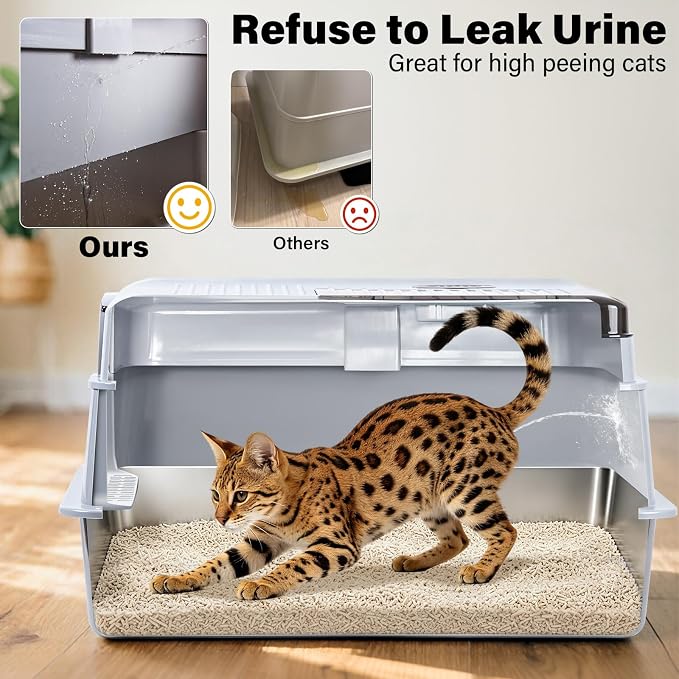 Stainless Steel Litter Box,XXXL Metal Litter Box with Lid | Extra Large Enclosed Litter Boxes for Big Cat, Anti-Urine Leakage,Easy Cleaning, No Smell, Includes Scooper and Mat
