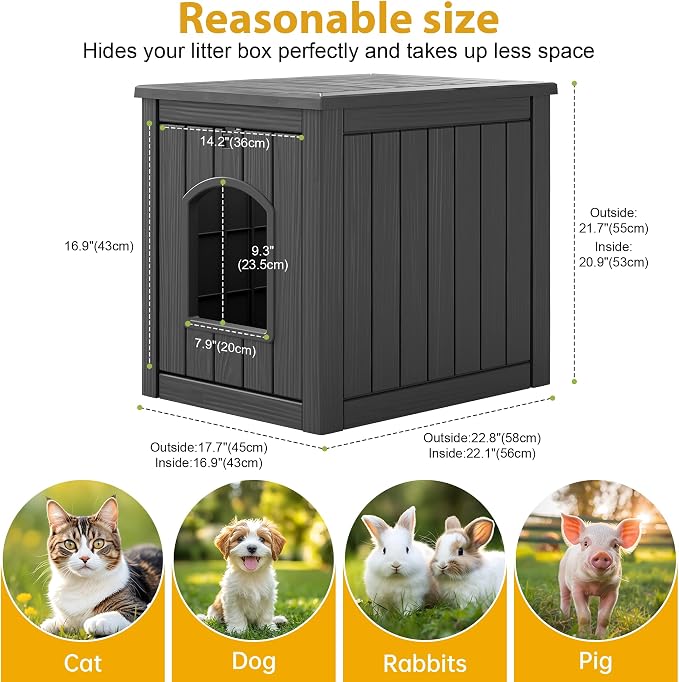 Cat Litter Box Enclosure, Multi-Functional Enclosed Cat Litter Box Furniture, Outdoor Cat House Weatherproof, Openable Front Door & Raised Floor, Easy to Clean & Assemble, Black