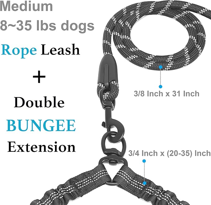 iYoShop Dual Dog Leash - 360° Swivel, No Tangle Walking Leash with Shock Absorbing Bungee for Two Dogs (Medium, 8-35 lbs, Black)
