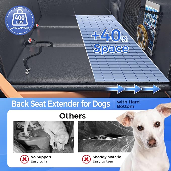 HOB4U Back Seat Extender for Dogs, Hard Bottom Dog Car Seat Cover | 100% Waterproof PU Leather, Scratch Proof and Anti Slip Dog Hammock for Cars and SUVs, Holds 400 lbs