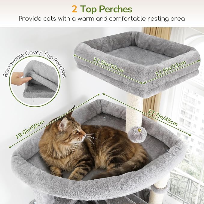 Globlazer F83C Heavy Duty Tall Cat Tree, 83in Multi-Level Tower, Light Grey | Easy Assembly, Maine Coon, Large Cats, Tall Tower, 2 Condos, 3 Hanging Baskets, 2 Perches, 7 Sisal Posts, Anti-Topple Strap