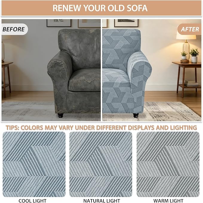 ZNSAYOTX Stretch Armchair Covers for, 1-Piece Chair Slipcovers for Living Room, Furniture Protector with Elastic Bottom for Dogs Cats Kids Geometrical Jacquard Fabric (Small, Light Grey)