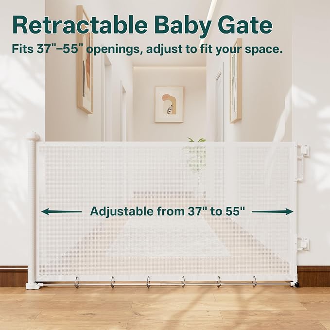 Cumbor 37-55" Retractable Baby Gates for Stairs & Doorways, Indoor Outdoor | Hardware Mounted Mesh Dog & Pet Gate, Easy Walk Through, One-Hand Operation, Anti-Crawl Adjustable Safety Gate for Dog, White