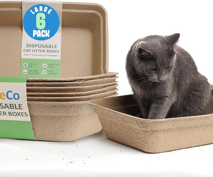 CallieCo Disposable Cat Litter Boxes Large 6 Pack Leak Resistant | Portable, Biodegradable, Travel Friendly, Sturdy, Easy-Grip Rim, Cat Tray Liners