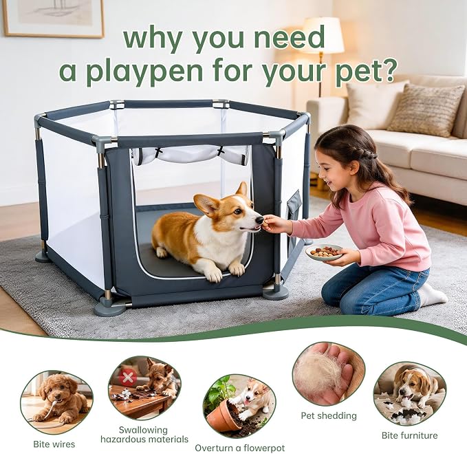 55x55x27.5 in Sturdy Dog Playpen Indoor, Heavy Duty Puppy Play Pen with Removable Zipper Top & Easy-Detach Washable Bottom, Secure Playpen for Dogs