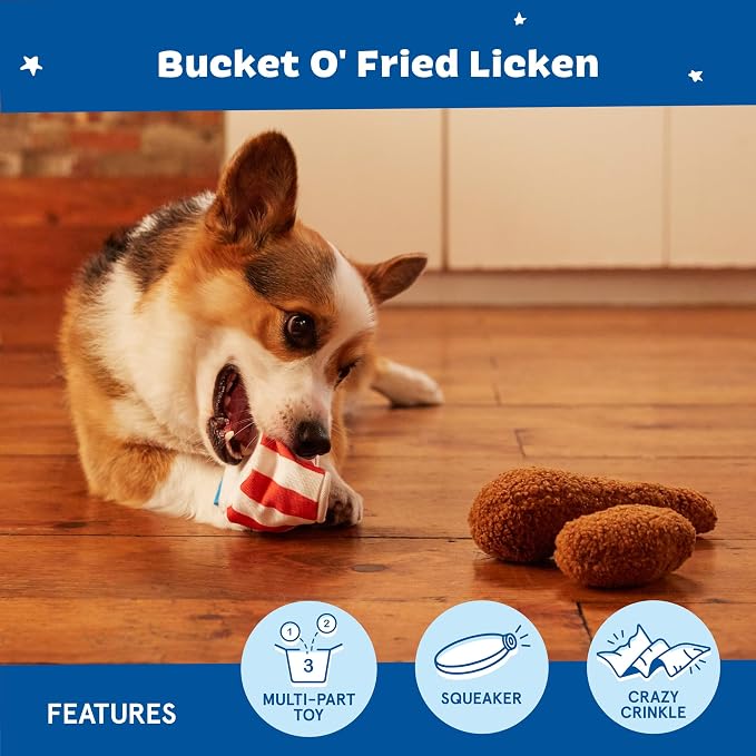 BarkBox Bucket O' Fried Licken 2-in-1 Interactive Plush Dog Toy | Squeaky Rip and Reveal Dog Chew Toy with Crinkle Layers - For Small to Medium Dogs and Puppies