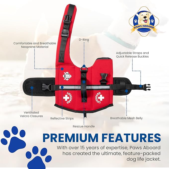 Dog Life Jacket — Premium Swim Vest with SafeChin Anti-Choke Collar | PAWS Aboard Red | RapidLift Rescue Handle, D-Ring, Reflective Trim | Boating, Kayaking, Pool | XX-Small (Under 6 lbs)