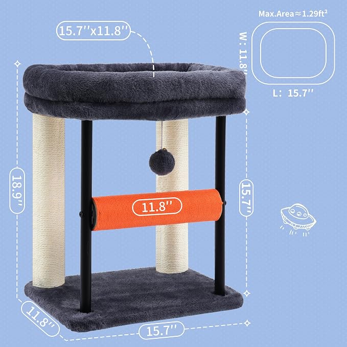 Hey-brother Cat Tree, Sturdy Tower with Sisal-Wrapped Columns, MPJ010SG | 18.9 Inches Cats Scratching Posts with Bed, Plush Toy Ball for Indoor Kittens, Smoky Gray