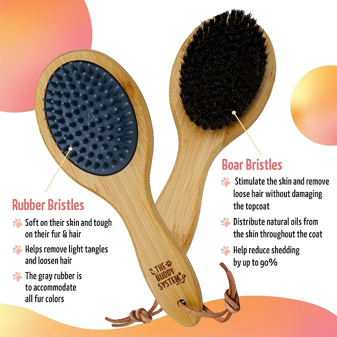 The Buddy System - Combo Bristle Pet Brush, 2-in-1 Brush | Dog & Cat grooming brush with 2 sides for dual capabilities.Durable rubber to losen hair and boar bristle to increase shine.