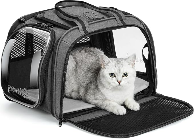Pecute Cat Carrier with Bubble Window & Sunshade for Dogs Cats, Gray M | Dual bubble windows & top sunshade, 70% more airflow mesh, Impact-resistant stable frame, Locking zippers, Fits up to 11 lbs