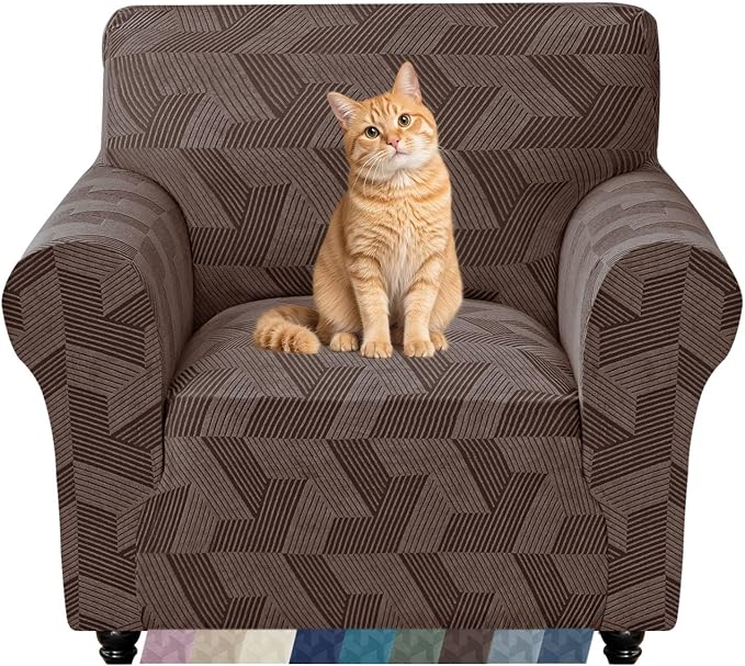 ZNSAYOTX Stretch Armchair Covers for, 1-Piece Chair Slipcovers for Living Room, Furniture Protector with Elastic Bottom for Dogs Cats Kids Geometrical Jacquard Fabric (Small, Brown)