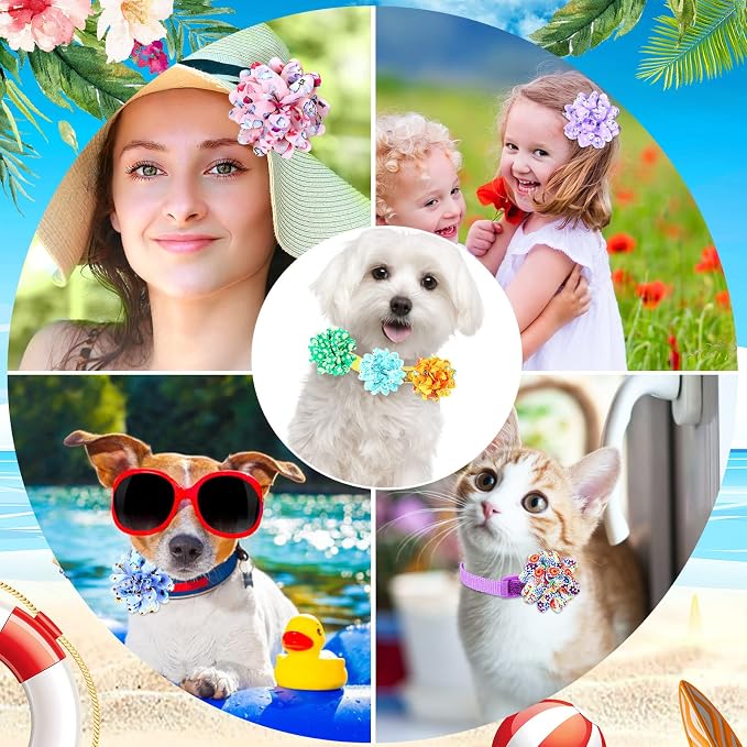 Sadnyy 150 Pcs Dog Flower Bows Collars Bulk for Dogs Puppy Dog Bow Tie Accessories for Small Medium Large Cats Pets Multi Color Chiffon Grooming Decorations(Floral)