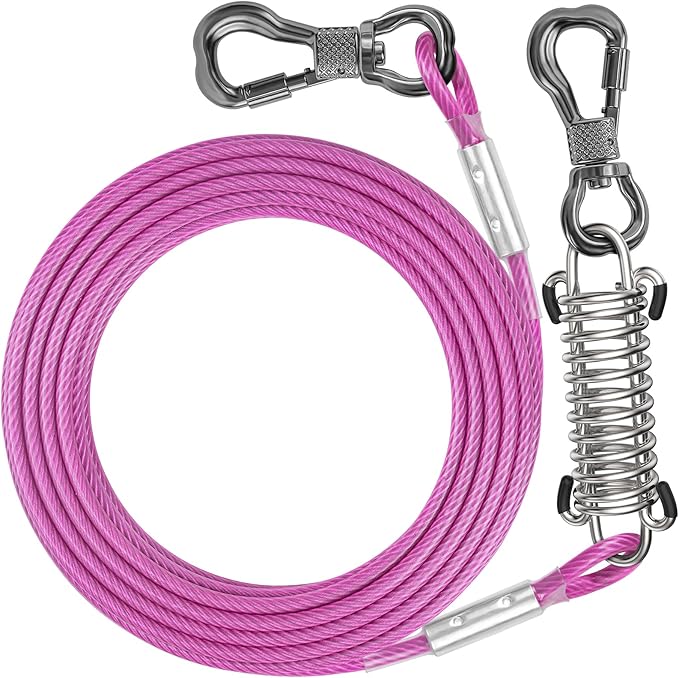 70FT Dog Tie Out Cable Lead with Shock Spring for Medium Large Dogs | Shock-Absorbing; 500LBS Tensile Strength; Strong Stainless Steel Core; 360° Swivel Locking Hook; Anti-Rust Vinyl Coating