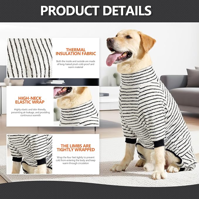 Dog Fleece Pajamas Large Dog 4 Legs Winter Clothes for Dog Fit Warm Jumpsuit for Dogs (Striped Black, X-Small)