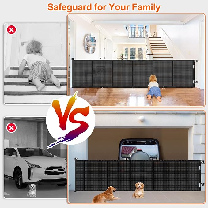 EZIGO 150 Inch Retractable Baby Gates Extra Wide Reinforced Baby Dog Gate | 34 Inch Tall Retractable Dog Gate with Reinforced Strip Mesh Safety Pet Gate for Stairs Hallway Doorway Indoor Outdoor, Black