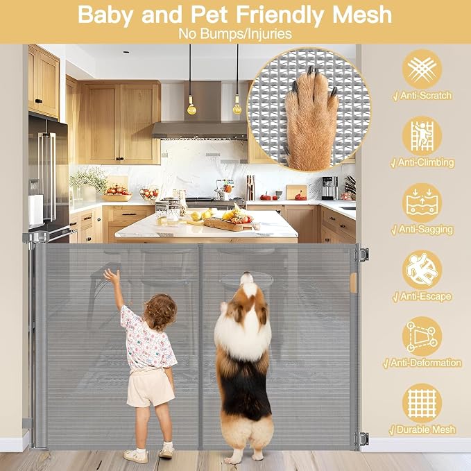 Reinforced 42" Tall x 55" Wide Retractable Baby Gates for Dogs/Easy Install | Indoor/Outdoor Tall Pet Gate, Prevents Crawling Under, Space-Saving, Easy to Use, Scratch-Resistant Mesh, Safety Lock, Gray