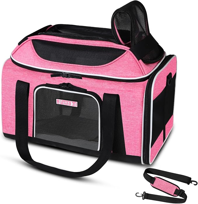 Petskd Top-Expandable Small Pet Carrier 18"x11"x11" Airline Approved | for Delta/American/United Airlines, Lockable Safety Zippers and Anti-Scratch Mesh, Soft-Sided, Pets Under 10 Lbs, Pink
