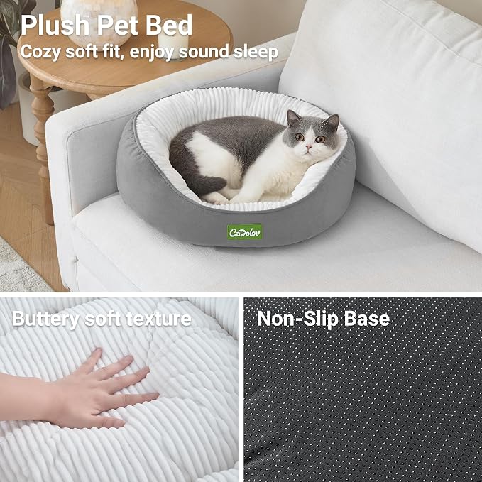 Round Pet Bed for Cats & Small Medium Dogs, Grey 25in | Washable Small Dog Beds, Calming Soft Pet Beds for Puppy Kitten, with Anti-Slip Bottom, Low Entrance