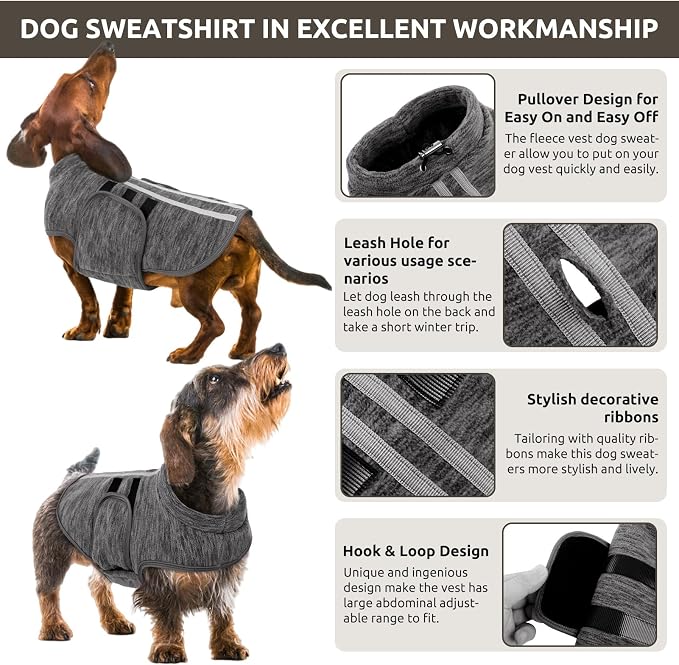 Queenmore XXS Dog Sweaters, Soft Fleece Vest Pullover Dog Jacket with Leash Hole, Warm Winter Dogs Clothes Cold Weather Doggy Dachshund Sweater for Small Dogs Cats Boy or Girl (Cationic Gray, XXS)