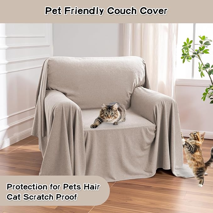 Small Couch Cover Oversized Armchair Sofa Covers Washable for Dogs Single Recliner Sofa Slipcover, Cat Scratch Proof Soft Sofa Throw Protector for Pets, 71" x 91", Oat
