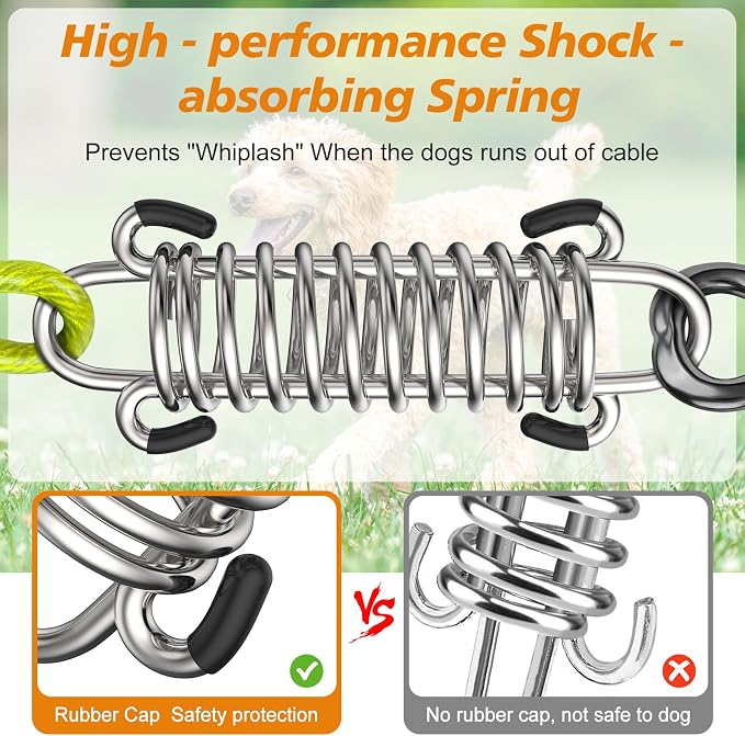40FT Dog Tie Out Cable Lead with Shock Spring for Medium Large Dogs | Shock-Absorbing; 500LBS Tensile Strength; Strong Stainless Steel Core; 360° Swivel Locking Hook; Anti-Rust Vinyl Coating